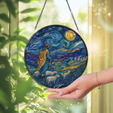 Jesus Stained Glass Suncatcher, Round Starry Night Window Panel with Child and Sheep, Christian Religious Faith Inspired Home Decor Gift